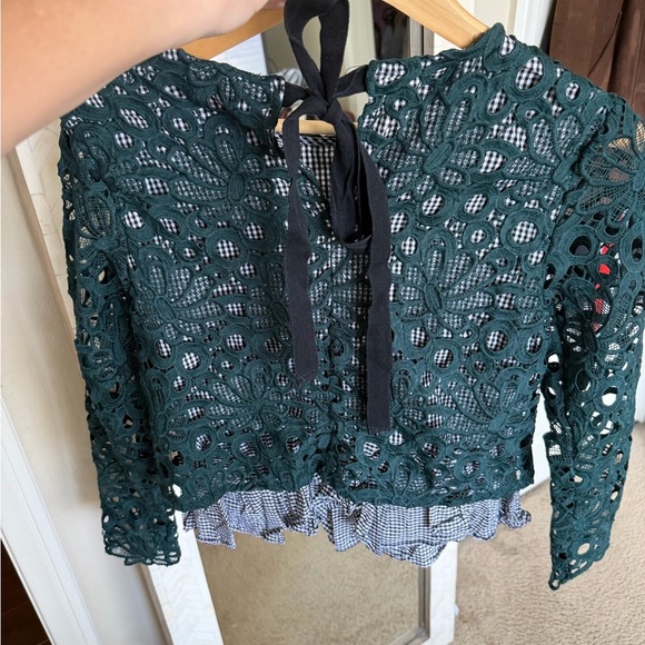 Anthropologie Maeve Elegant Teal Lace Gingham Women Top - Picture 8 of 10